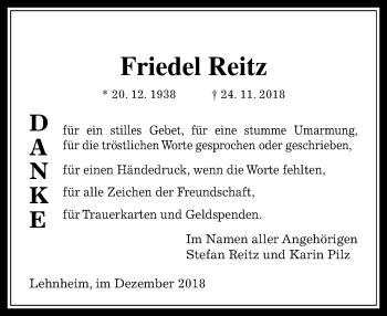 Traueranzeige von Friedel Reitz von 560 Gießener Anzeiger