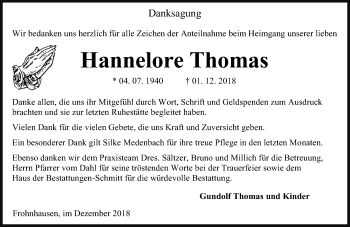 Traueranzeige von Hannelore Thomas von 202 Dill Block (120)