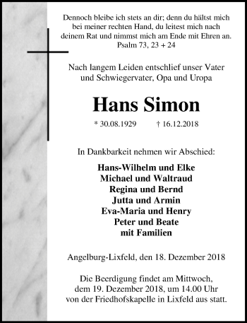 Traueranzeige von Hans Simon von 205 HA - Hinterländer Anzeiger (130)