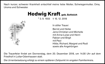Traueranzeige von Hedwig Kraft von 560 Gießener Anzeiger
