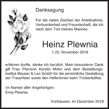 Traueranzeige von Heinz Plewnia von 561 Kreisanzeiger