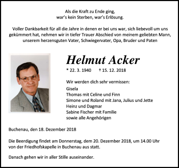 Traueranzeige von Helmut Acker von 205 HA - Hinterländer Anzeiger (130)
