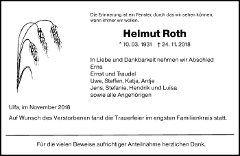 Traueranzeige von Helmut Roth von 561 Kreisanzeiger