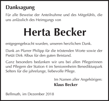 Traueranzeige von Herta Becker von 561 Kreisanzeiger