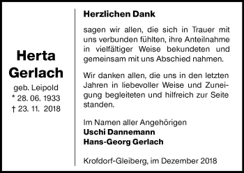 Traueranzeige von Herta Gerlach von 560 Gießener Anzeiger
