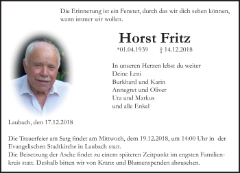Traueranzeige von Horst Fritz von 560 Gießener Anzeiger