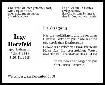 Traueranzeige von Inge Herzfeld von 560 Gießener Anzeiger