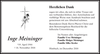 Traueranzeige von Inge Meininger von 561 Kreisanzeiger