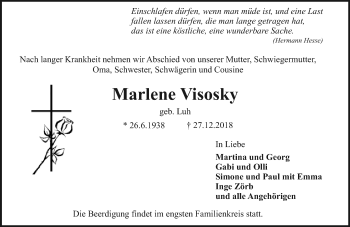 Traueranzeige von Marlene Visosky von 560 Gießener Anzeiger
