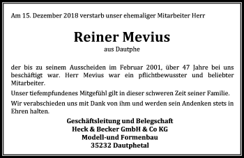 Traueranzeige von Reiner Mevius von 205 HA - Hinterländer Anzeiger (130)