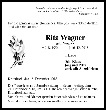 Traueranzeige von Rita Wagner von 560 Gießener Anzeiger