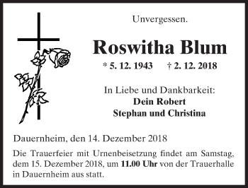 Traueranzeige von Roswitha Blum von 561 Kreisanzeiger