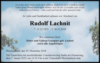 Traueranzeige von Rudolf Lachnit von 561 Kreisanzeiger