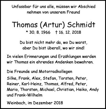 Traueranzeige von Thomas Artur Schmidt von 206 WT - Weilburger Tageblatt (140)