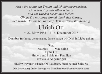 Traueranzeige von Ulrich Ott von 564 Usinger Anzeiger
