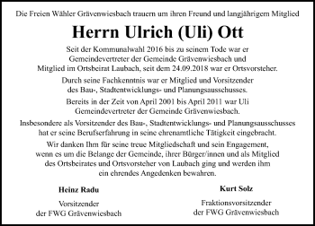Traueranzeige von Ulrich Ott von 564 Usinger Anzeiger