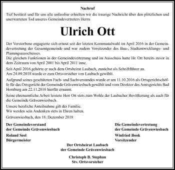 Traueranzeige von Ulrich Ott von 564 Usinger Anzeiger
