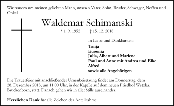Traueranzeige von Waldemar Schimanski von 201 WNZ - Wetzlarer Neue Zeitung (110)