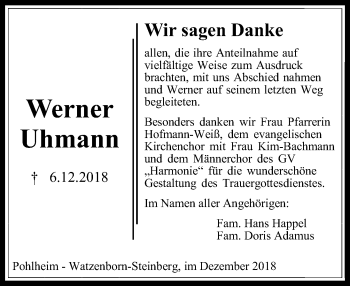 Traueranzeige von Werner Uhmann von 560 Gießener Anzeiger