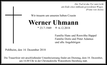 Traueranzeige von Werner Uhmann von 560 Gießener Anzeiger