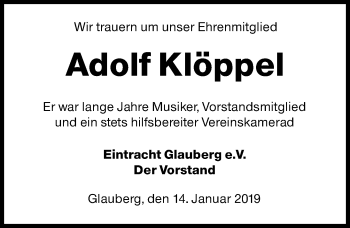 Traueranzeige von Adolf Klöppel von 561 Kreisanzeiger