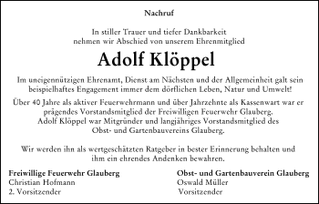 Traueranzeige von Adolf Klöppel von 561 Kreisanzeiger