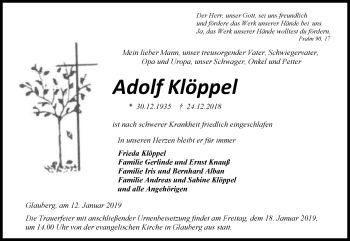 Traueranzeige von Adolf Klöppel von 561 Kreisanzeiger