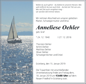 Traueranzeige von Anneliese Oehler von 560 Gießener Anzeiger