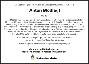 Traueranzeige von Anton Mödlagl von 561 Kreisanzeiger