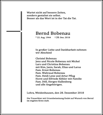 Traueranzeige von Bernd Bobenau von 205 HA - Hinterländer Anzeiger (130)