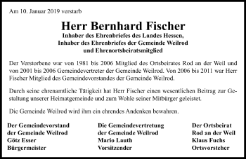 Traueranzeige von Bernhard Fischer von 564 Usinger Anzeiger