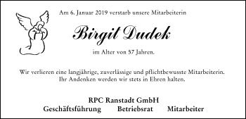 Traueranzeige von Birgit Dudek von 561 Kreisanzeiger
