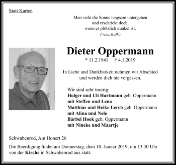 Traueranzeige von Dieter Oppermann von VRM Trauer