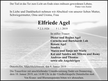 Traueranzeige von Elfriede Agel von 201 WNZ - Wetzlarer Neue Zeitung (110)