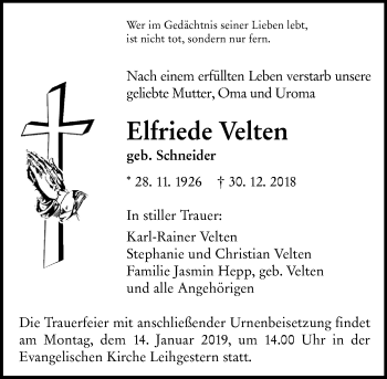 Traueranzeige von Elfriede Velten von 560 Gießener Anzeiger