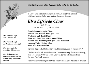 Traueranzeige von Elsa Elfriede Claas von 202 Dill Block (120)