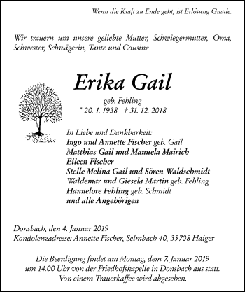 Traueranzeige von Erika Gail von 202 Dill Block (120)