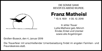 Traueranzeige von Franz Matheisl von 560 Gießener Anzeiger