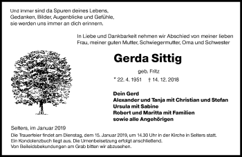 Traueranzeige von Gerda Sittig von 561 Kreisanzeiger
