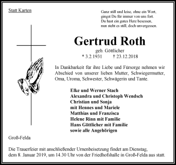 Traueranzeige von Gertrud Roth von VRM Trauer