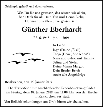 Traueranzeige von Günther Eberhardt von 560 Gießener Anzeiger