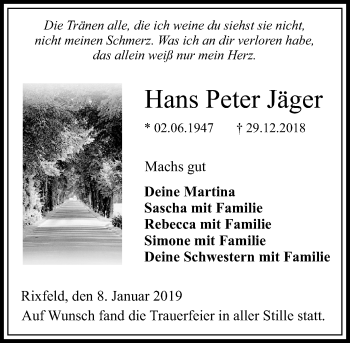 Traueranzeige von Hans Peter Jäger von VRM Trauer