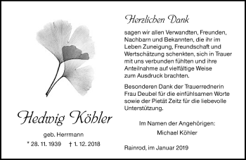 Traueranzeige von Hedwig Köhler von 561 Kreisanzeiger