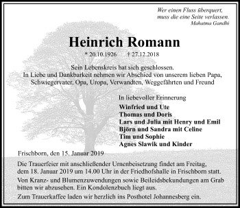 Traueranzeige von Heinrich Romann von VRM Trauer