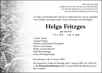 Traueranzeige von Helga Fritzges von 561 Kreisanzeiger