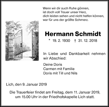 Traueranzeige von Hermann Schmidt von 560 Gießener Anzeiger