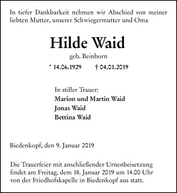 Traueranzeige von Hilde Waid von 205 HA - Hinterländer Anzeiger (130)
