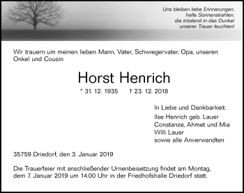 Traueranzeige von Horst Henrich von 202 Dill Block (120)