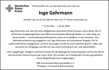 Traueranzeige von Inge Gehrmann von 560 Gießener Anzeiger