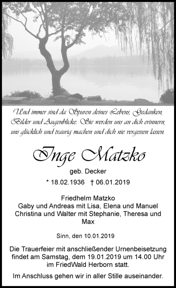 Traueranzeige von Inge Matzko von 202 Dill Block (120)